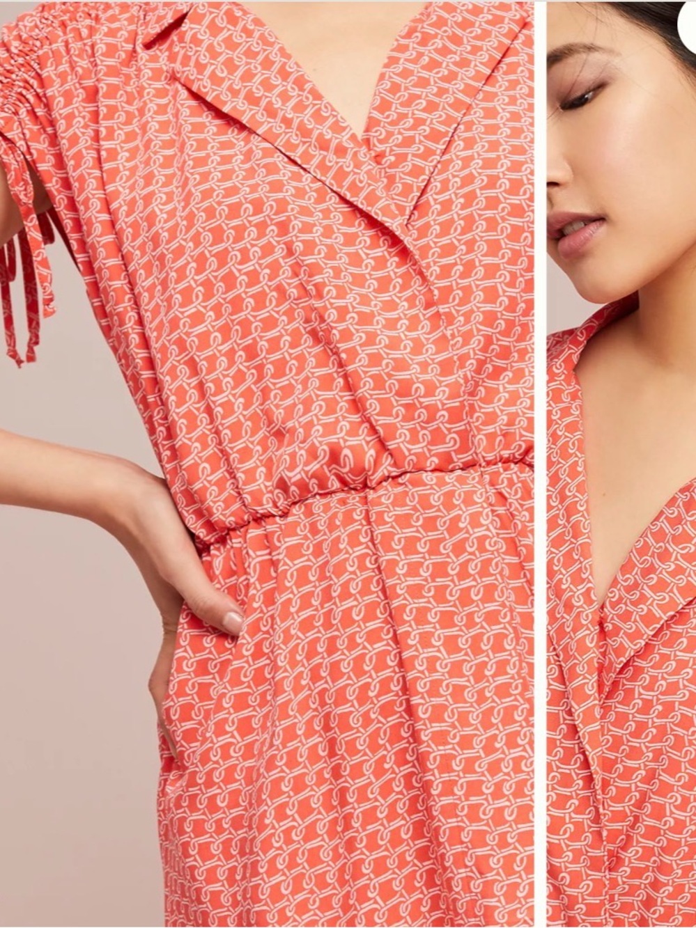 Anthro Maeve Carlotta Ruched Shirtdress Coral Print Tie Sleeve Sz S EUC flirty - Picture 2 of 16